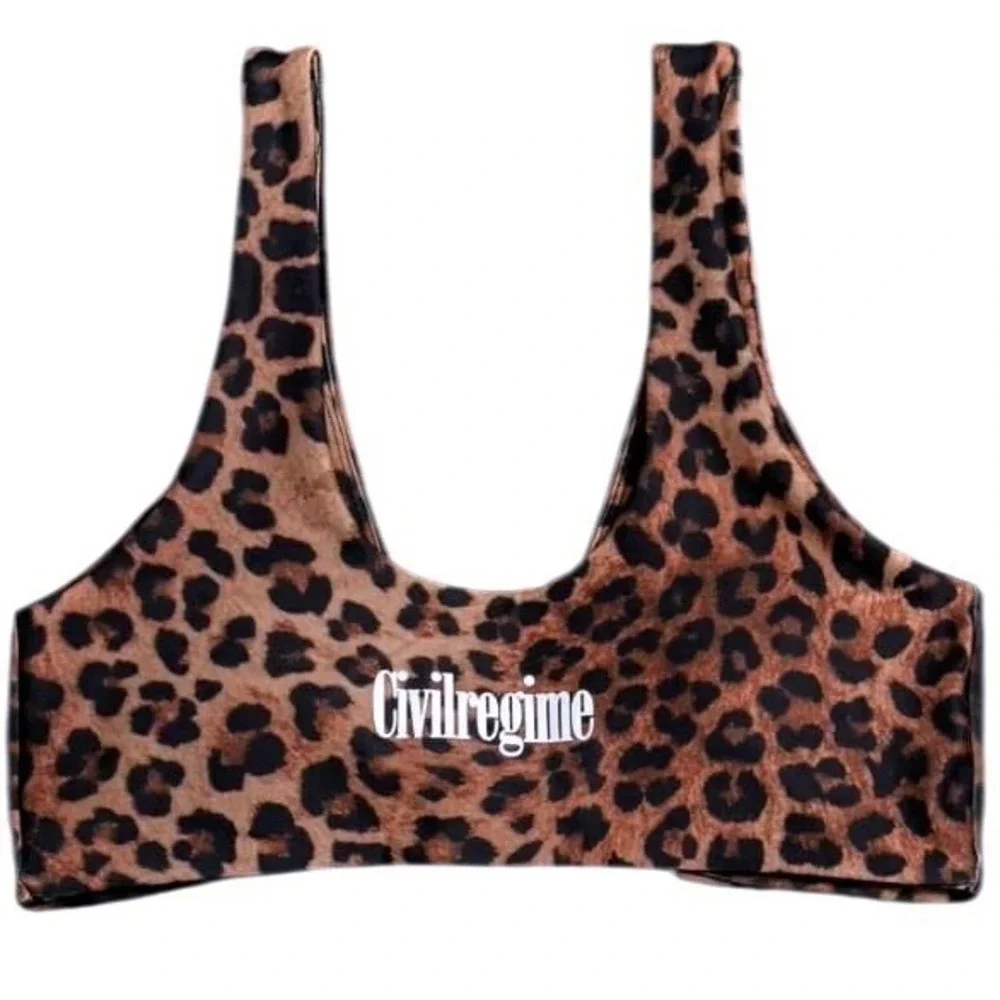 Civil regime Leopard Twist Bra Top White Rose Logo Athletic Medium